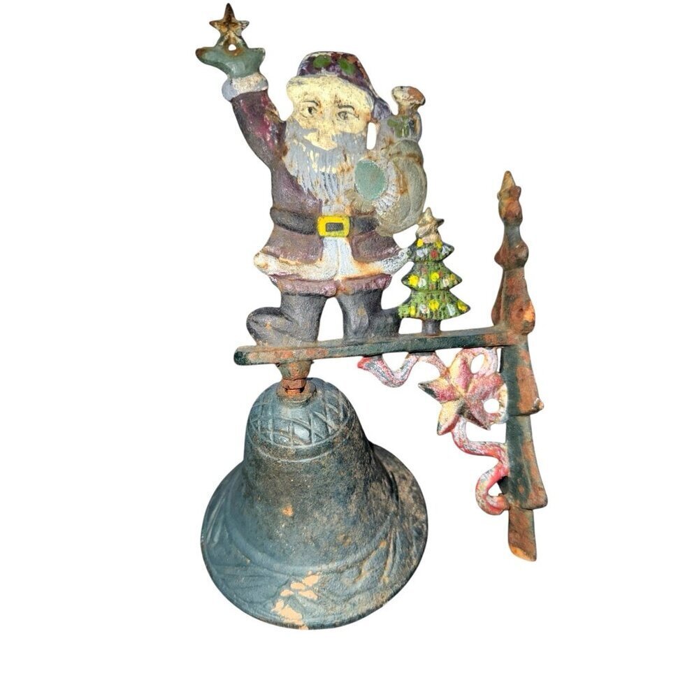 Vintage Rustic Cast Iron Santa & Bell w/Tree Hangs on Wall Worn Rustic Outdoor